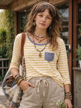 Anthropologie sz XS Yellow & White/Navy 3/4 Sleeve Tee with Contrast Pocket